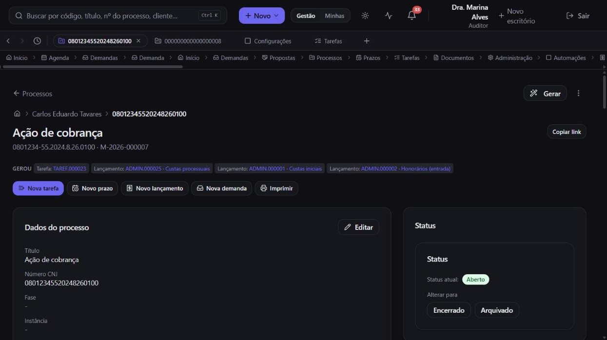 Tela de controle de processos jurídicos do Meu Legal Ops: um processo com prazos, tarefas, documentos e financeiro no mesmo registro.